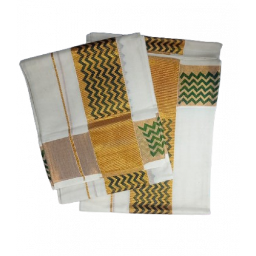 Set Mundu - Golden Kasavu - zigzag